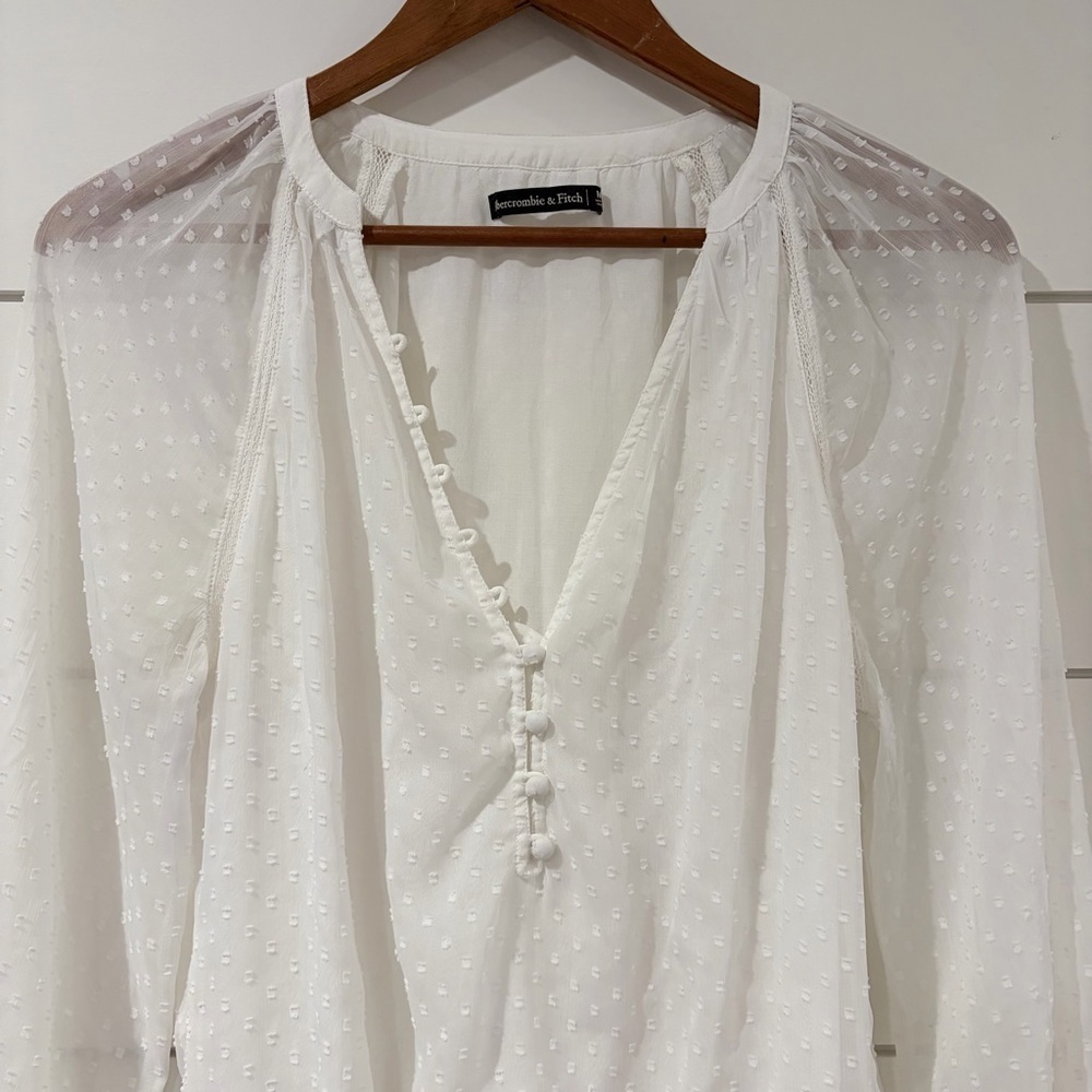 Abercrombie White Swiss Dot Sheer Bodysuit Blouse Cottagecore Coquette Medium - Picture 4 of 14